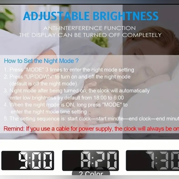 NIB thin mirrored/white digital clock/alarm with date/temp/dim features. - Picture 5 of 12